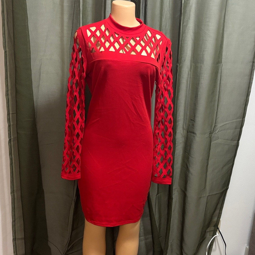 K Jordan Red Lattice Sleeve Dress